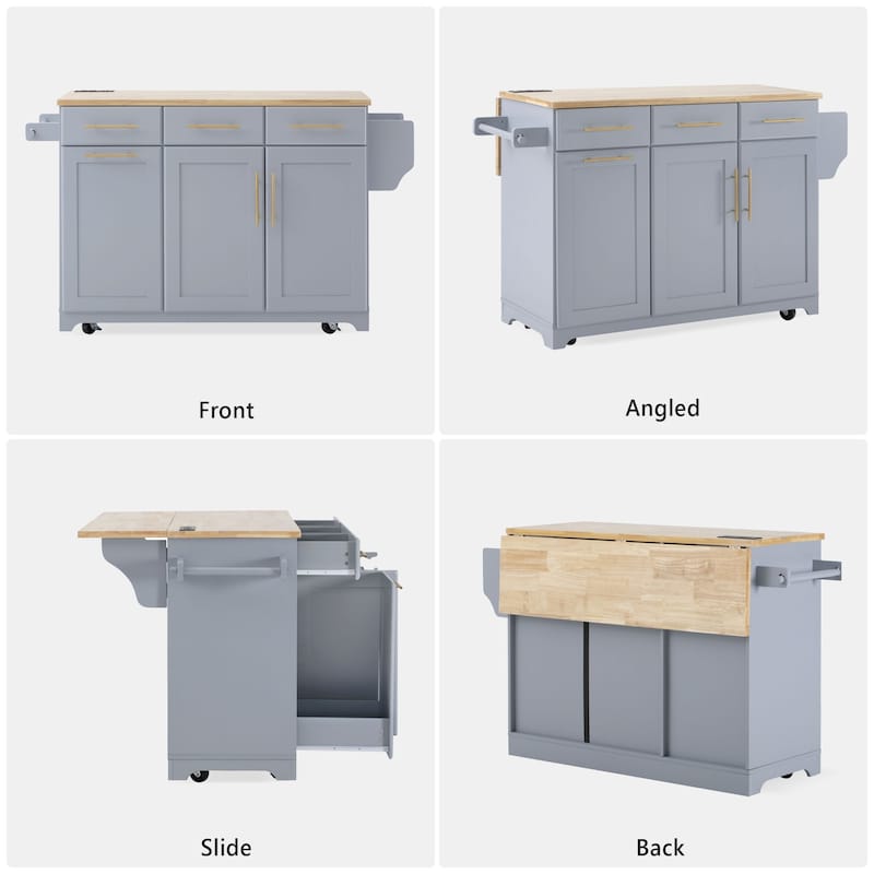 59.3" Rolling Kitchen Island with Storage and Pull-Out Organizers Rubber Wood Drop Leaf Rolling Design for Versatile Use