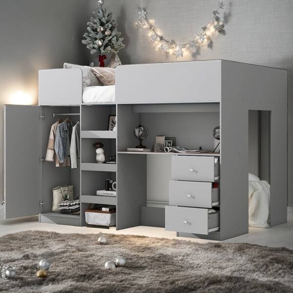 slide 2 of 12, Wood Full Size Loft Bed with Built-in Wardrobe, Desk, Storage Shelves, and Drawers Grey