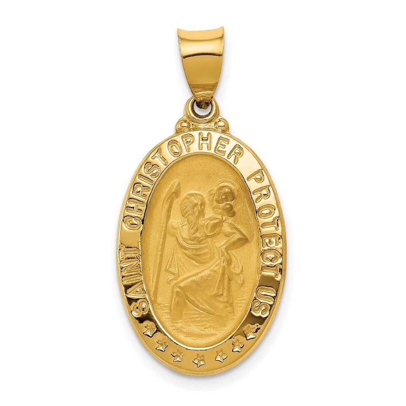 Curata 14k Yellow Gold 18" Polished and Satin St. Christopher Medal Pendant Necklace