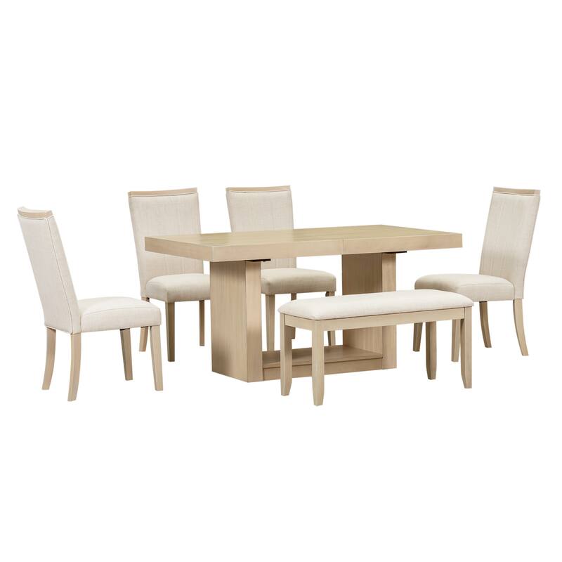 Contemporary Style 6-piece Extendable Pedestal Dining Table Set with Removable Leaf, 1 Bench and 4 Upholstered Chairs