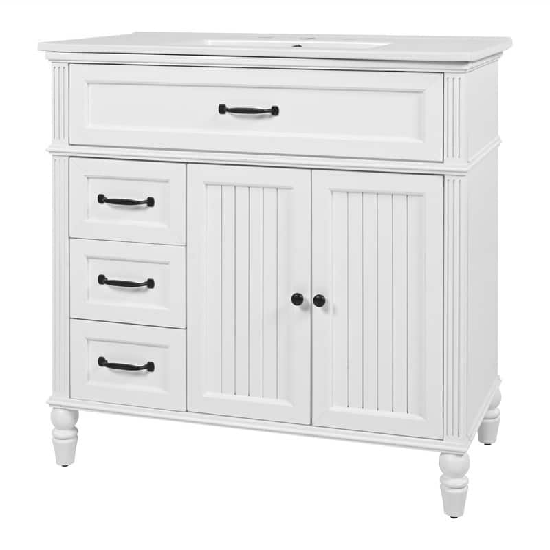 36" Bathroom Vanity with Ceramic Sink Top, Freestanding Bathroom Vanity Cabinet with 2 Doors and 2 Storage Drawers