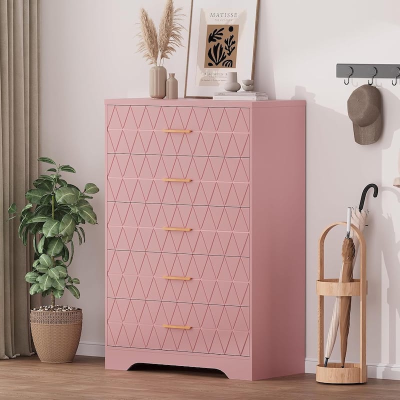 Tall Dresser, Storage Cabinet for Bedroom with 5 Drawers - Pink
