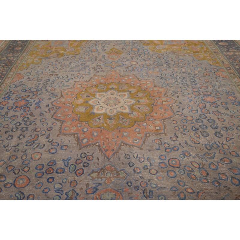 Distressed Tabriz Vintage Persian Area Rug Handmade Grey Wool Carpet - 9'10" x 12'10"