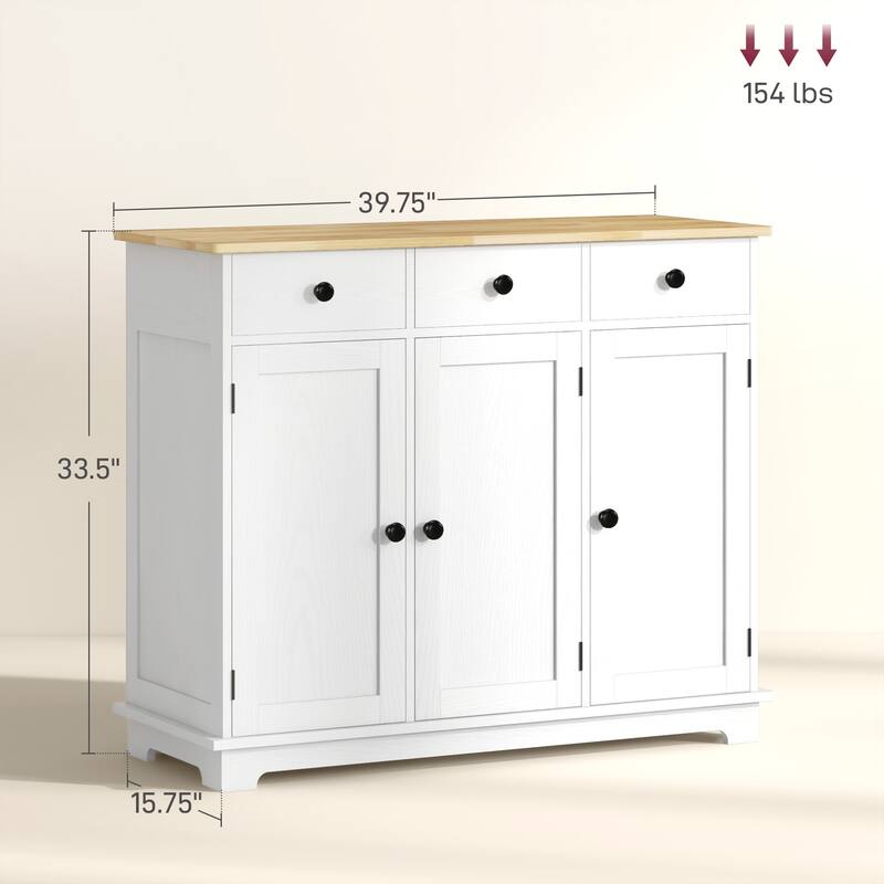 HOMCOM Sideboard with Solid Wood Countertop, Modern Kitchen Storage Cabinet, Coffee Bar Cabinet with 3 Drawers