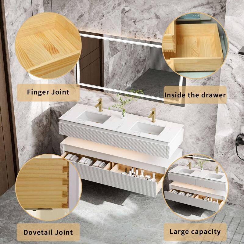 Modland 60" Modern Wall-Mounted Double Sink Bathroom Vanity with Engineered Stone Countertop, Soft-Close Drawers