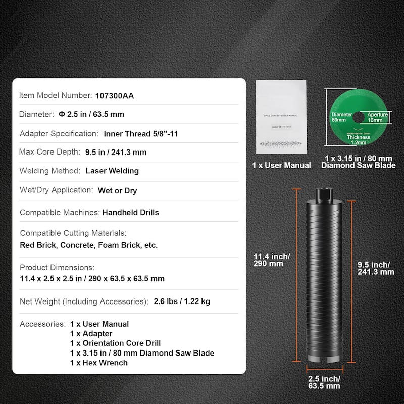 Core Drill Bit, 2.5" Wet/Dry Diamond Core Drill Bits for Brick and Block, Concrete Core Drill Bit with Pilot Bit Adapter