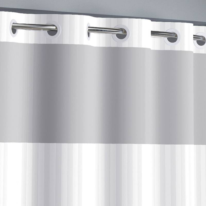 Hookless Satin Stripe 3-in-1 Shower Curtain with Sheer Top Window, Flex-on Rings & PEVA Liner