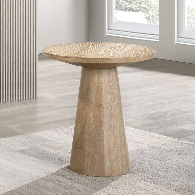 Unique Cone Base Pedestal Round End Table Contemporary Style Rubberwood Structure Oak Finish - Oak