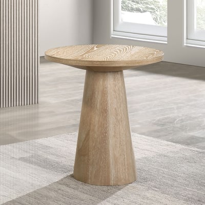 Unique Cone Base Pedestal Round End Table Contemporary Style Rubberwood Structure Oak Finish