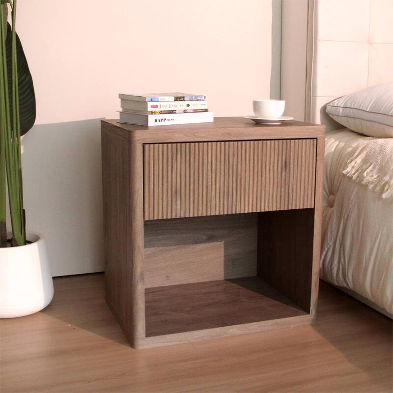 Nightstand with Drawer Storage Fluted Bed Side Table, Large Modern Wide Bedside Stand Mid Century Night Stands - Ash Brown