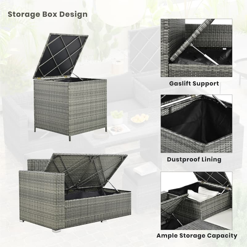 Roomfitters 6-Piece All-Weather PE Rattan Patio Sofa Set with Adjustable Seats, Storage Box and Glass Top Table
