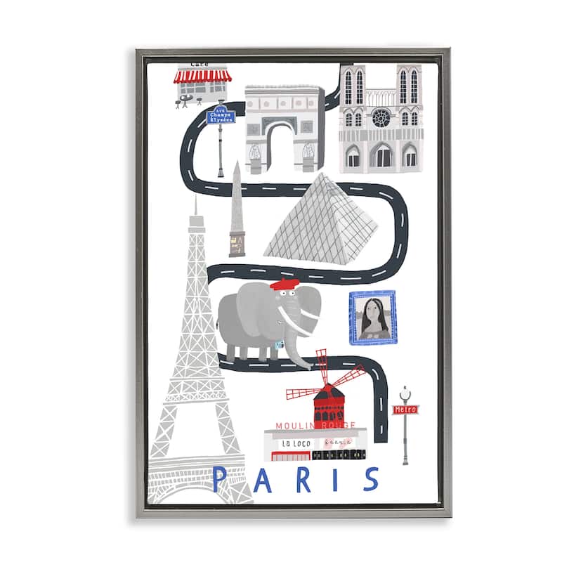 Stupell Paris Whimsical Travel City Framed Floater Canvas Wall Art Design By Carla Daly - 17 x 25 - Grey