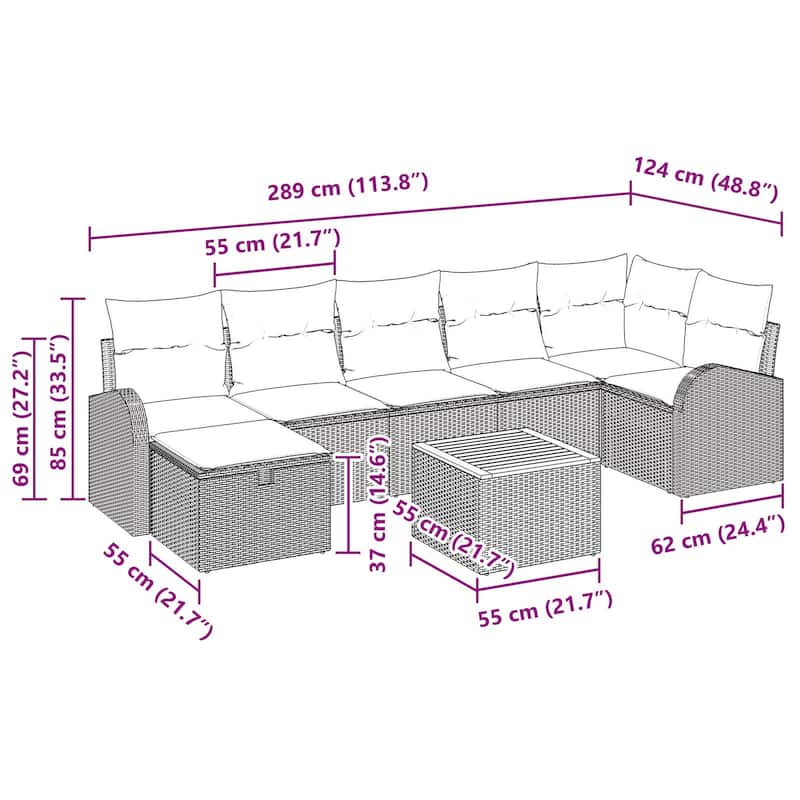 vidaXL 8 Garden Sofa Set with Cushions Black/Grey Poly Rattan - 113.8 x 48.8 x 27.2