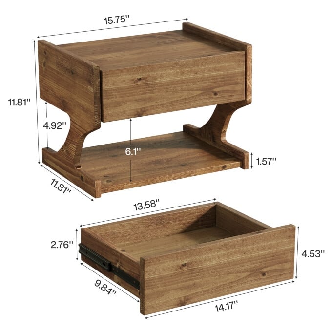 Solid Wood Floating Nightstand, Wall-Mounted Bedside Table with Drawer