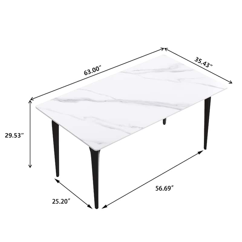 63" Light Luxury Marble Dining Table, Rectangular Sintered Stone Top and Carbon Steel legs
