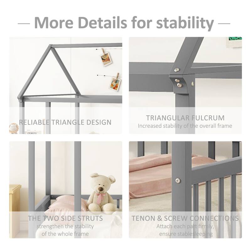Twin/Full Size Floor Bed with Wooden House Roof Frame and Safety Guardrails for Children's Bedrooms, Small Space