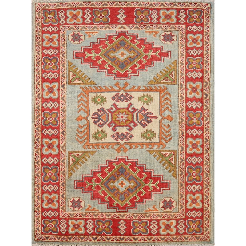 Geometric Blue Kazak Foyer Rug Hand-Knotted Wool Carpet - 2'10"x 4'3"
