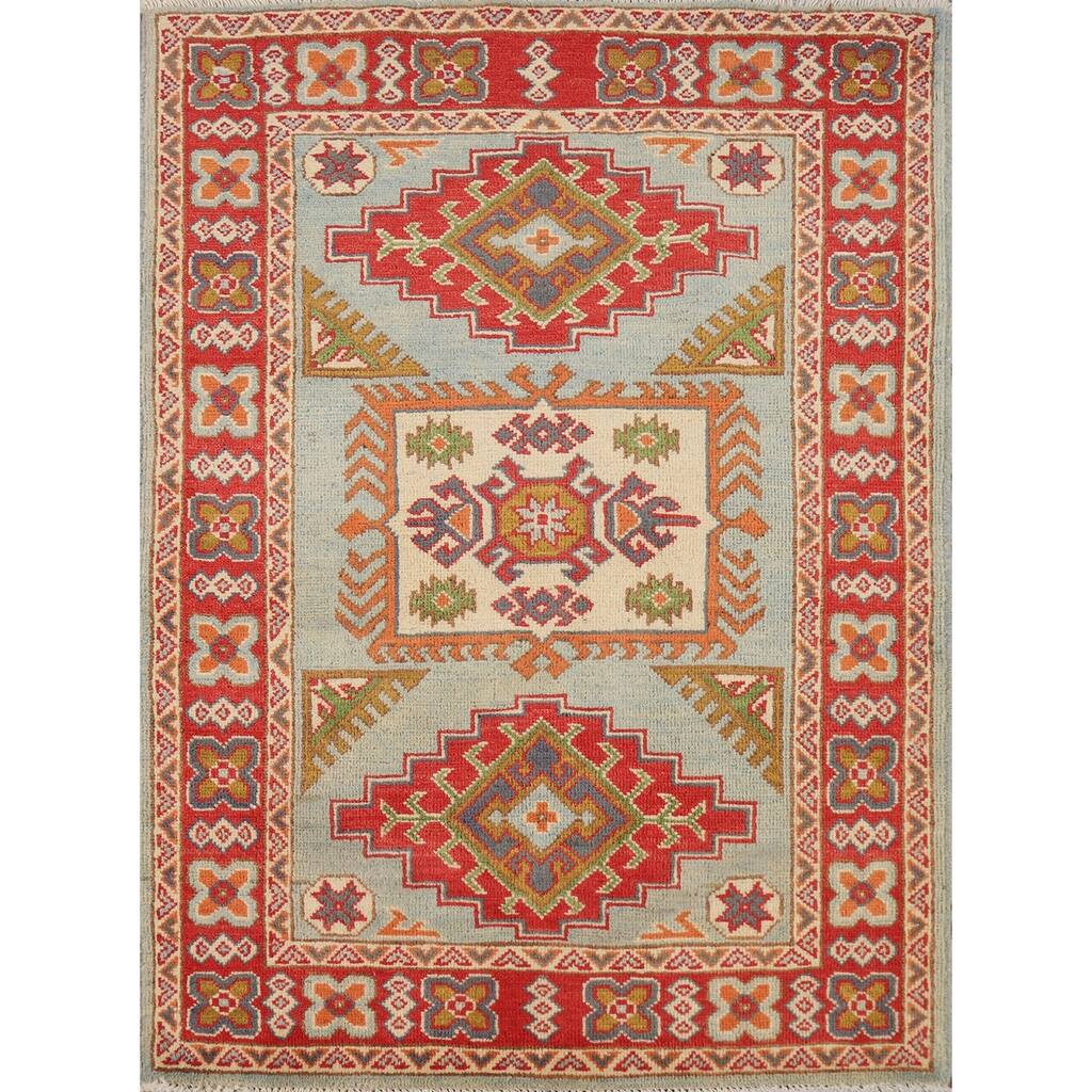Geometric Blue Kazak Foyer Rug Hand-Knotted Wool Carpet - 2'10"x 4'3"