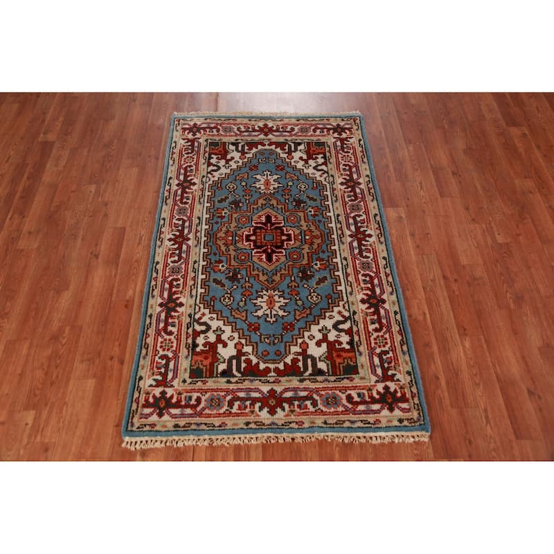 Light Blue Heriz Serapi Indian Foyer Rug Hand-Knotted Wool Carpet - 3'0"x 5'1"