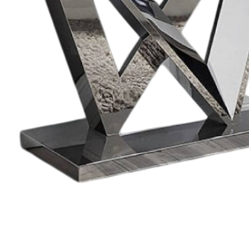 Vily Sofa Console Table, Beveled Faux Marble, Chrome Steel V-Base