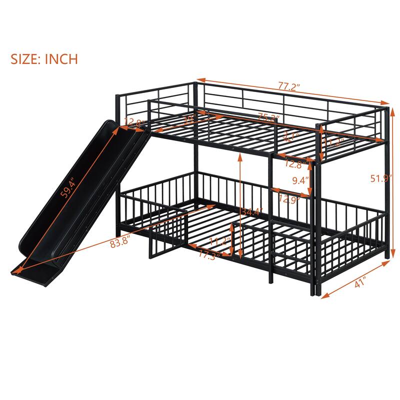 Twin over Twin Metal Bunk Bed with Slide, Guardrails, and Convertible Loft Design, Black