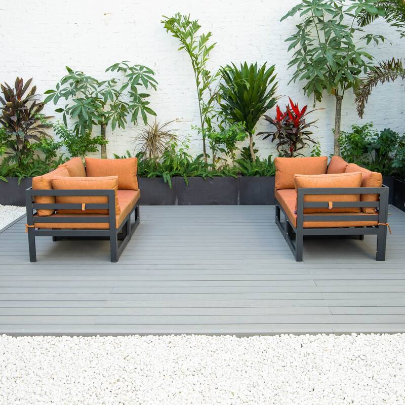 LeisureMod Chelsea 4-Piece Outdoor Patio Sectional Loveseat Set Black Aluminum with Cushions