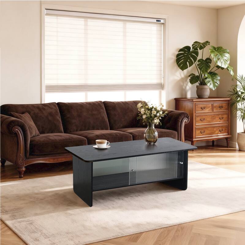 47" Black Rectangular Minimalist Coffee Table with Glass Sliding Door Storage