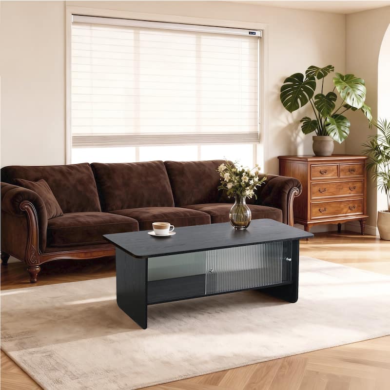 GDFStudio Velmorian Solid Wood Frame Coffee Table with Fluted Glass Sliding Doors and Storage Center