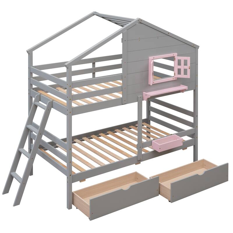 Bunk Bed with 2 Drawers, 1 Storage Box, 1 Shelf, Window and Roof