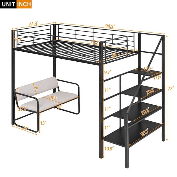 Black Twin Size Loft Bed With Bench And Storage Staircase for Home