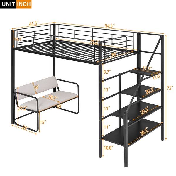 Twin Metal Loft Bed with Bench and Storage Staircase, Full Guardrails, Black