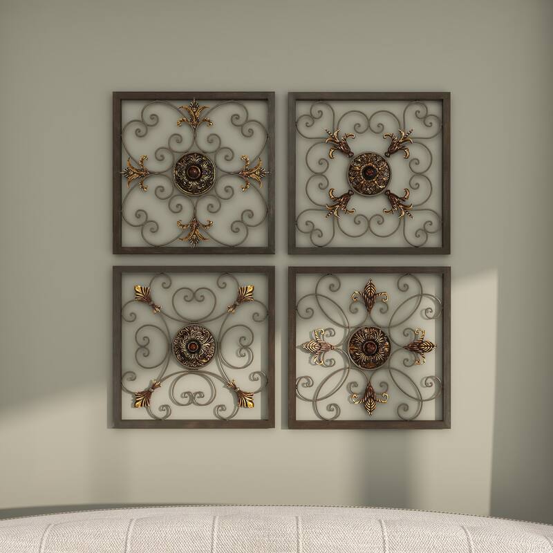 Brown Metal Wire Scroll Fleur De Lis Home Wall Decor with Gold Accents (Set of 4)