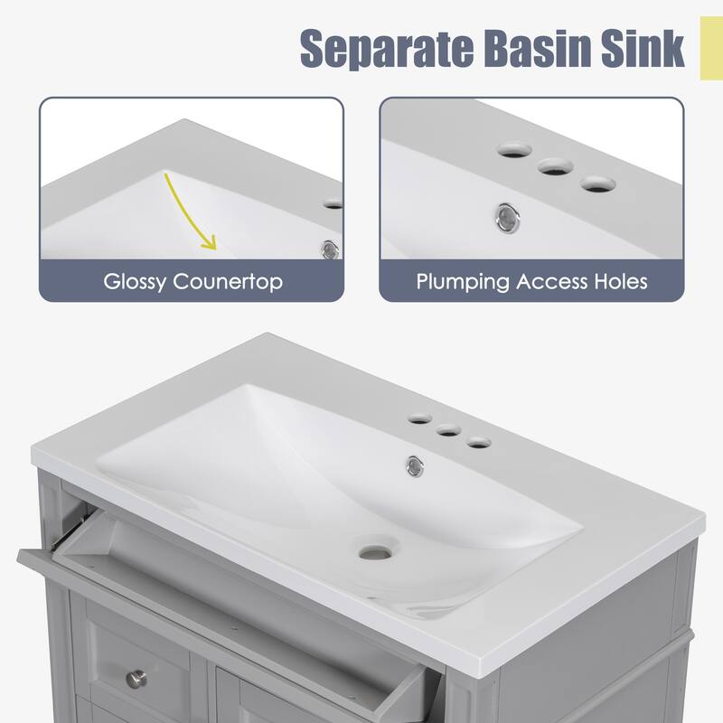 30''/36'' Bathroom Vanity with Top Sink, Modern Bathroom Storage Cabinet with 2 Drawers, a Tip-out Drawer & Adjustable Shelf