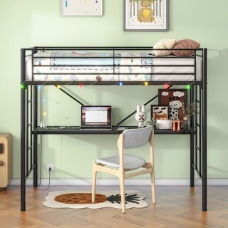 Metal Loft Bed with Desk,Power Outlet and LED Lighted,Twin Size