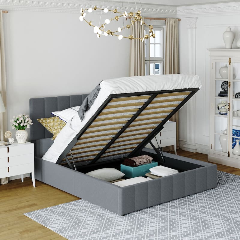 Linen Upholstered Platform Bed with a Hydraulic Storage System - Queen - Grey