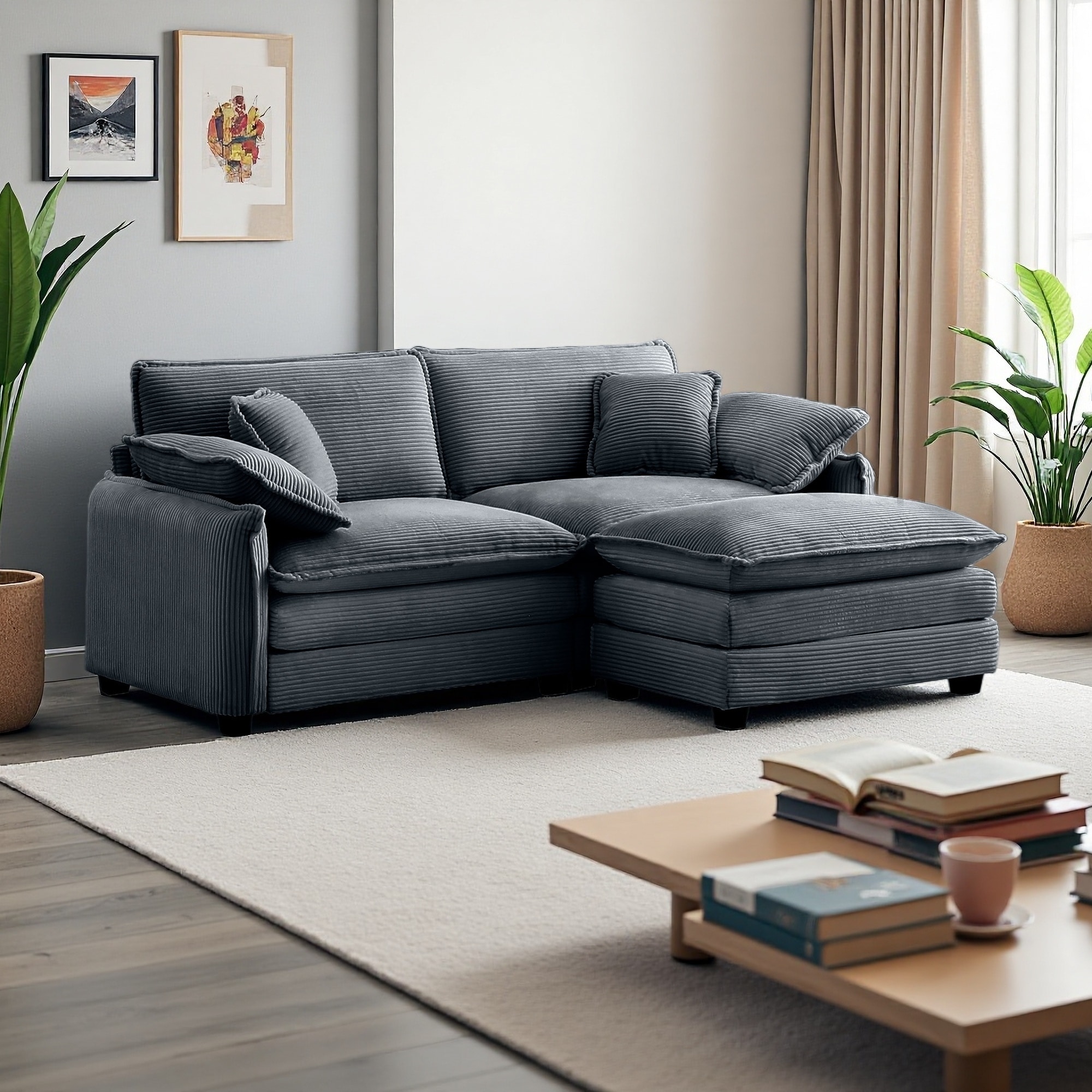 81" Corduroy L-Shaped Modular Sectional Sofa with Ottoman, 2-Seater