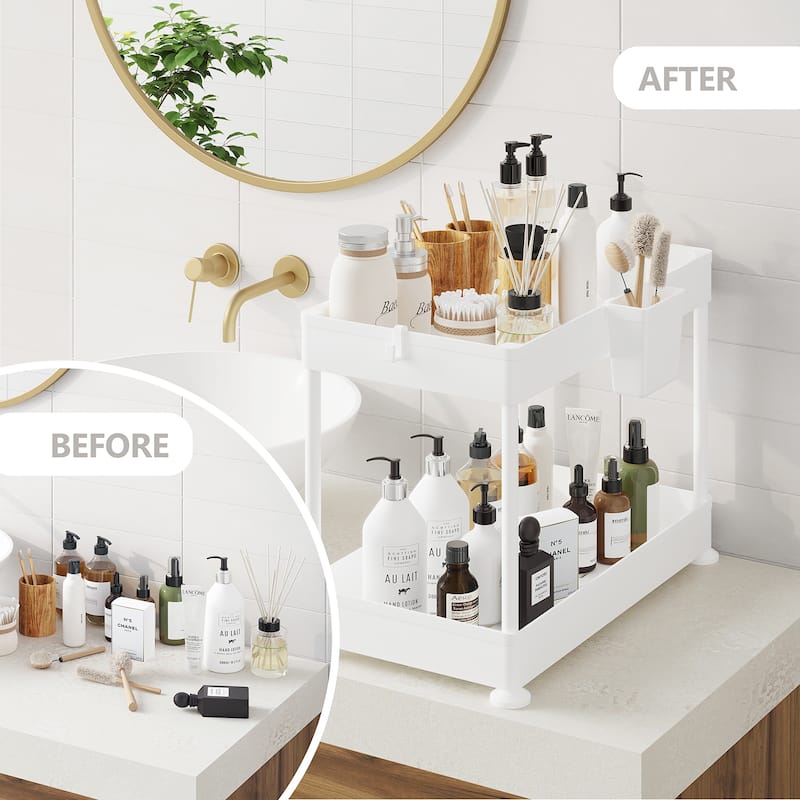 Empyrean 2 Tier Non-Slip Grip Kitchen Under Sink Organizer - Bathroom Cabinet Organizer with Utility Hooks and Side Caddy
