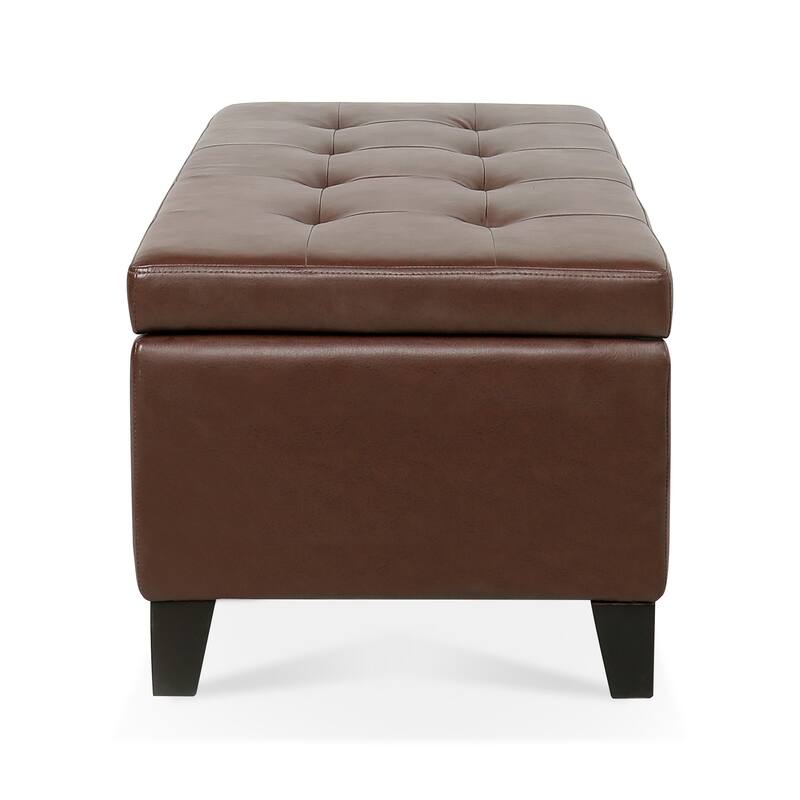 Storage Ottoman with Wooden Legs, Faux Leather Ottoman with Storage for Living Room, Bedroom & Hallway, Ottoman Foot Rest