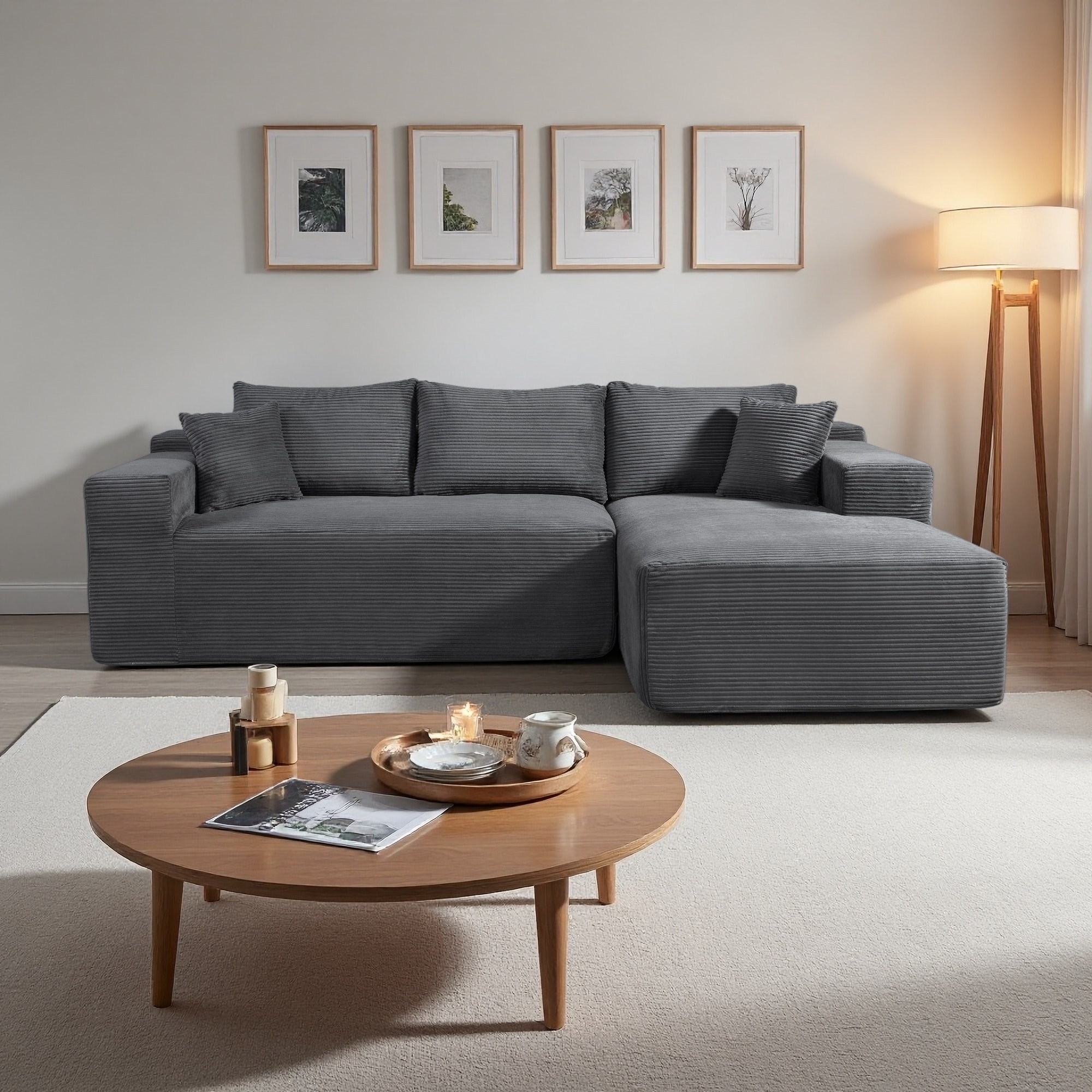 96.4" Corduroy L-Shaped 3-Seat Sectional Sofa with Pillows, Right Chaise