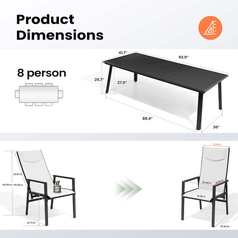9-PC Outdoor Patio Aluminum Dining Sets Rectangular Table with Adjustable Dining Chairs