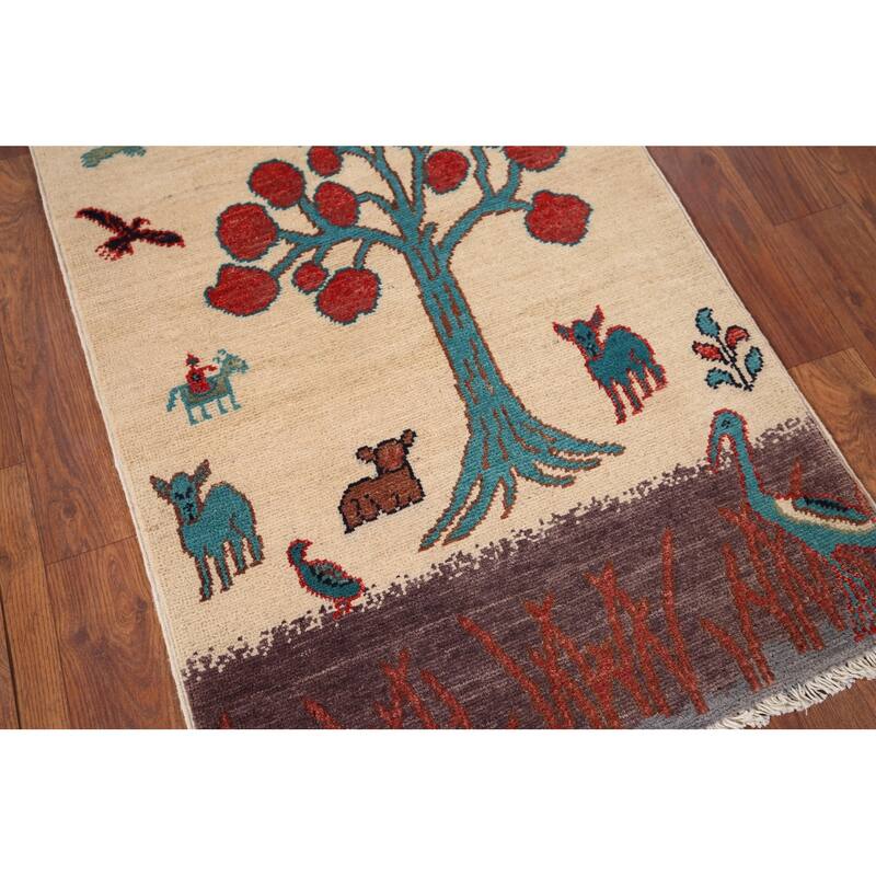 Animals Design Ziegler Foyer Rug Handmade Beige Wool Carpet - 2'0" x 2'11"