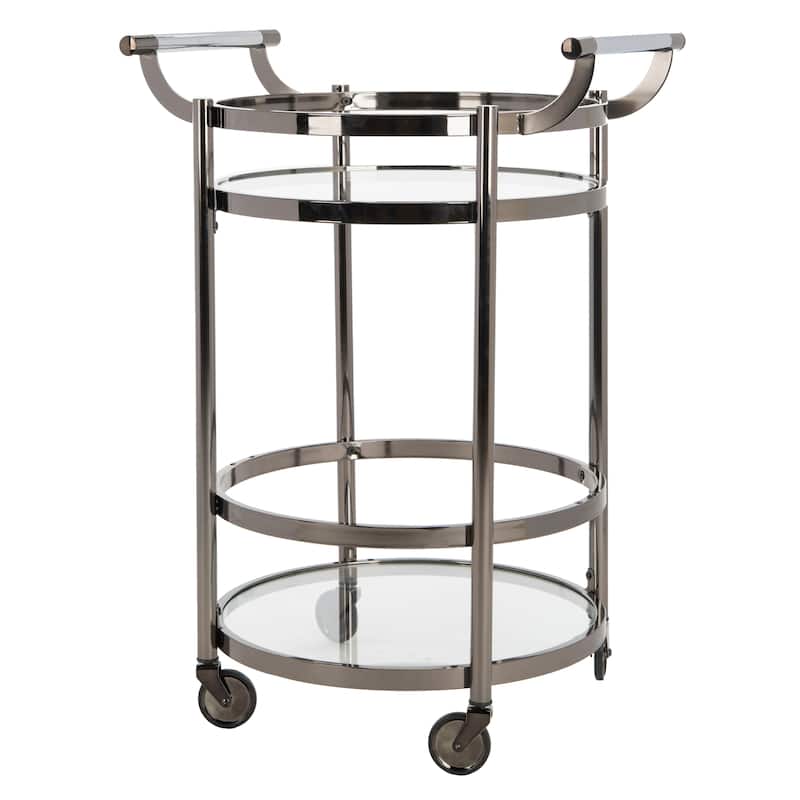 SAFAVIEH Sienna 2 Tier Round Bar Cart-Black Nickel / Glass. - 24" W x 20" D x 34" H