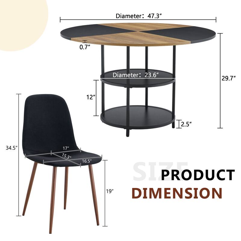 5-piece Natural and Black Spliced Round Dining Table Set with Double-Layer Storage Shelf, Anti-Slip Feet