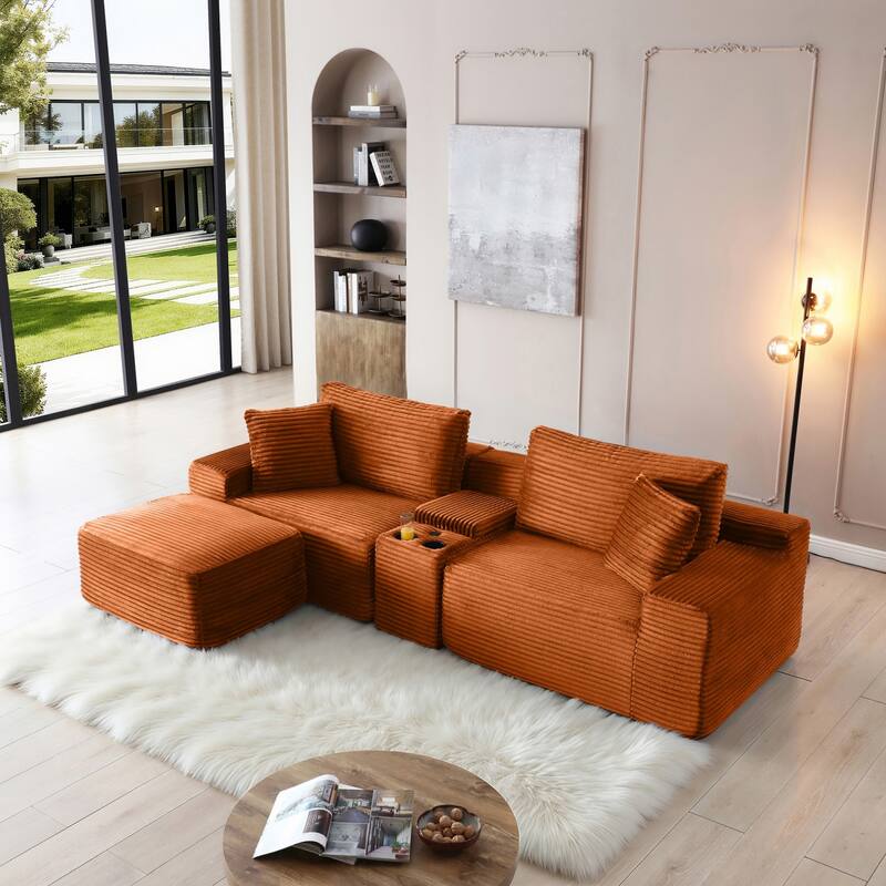 111" L-Shaped Corduroy Boneless Sectional Sofa with Ottoman - Orange