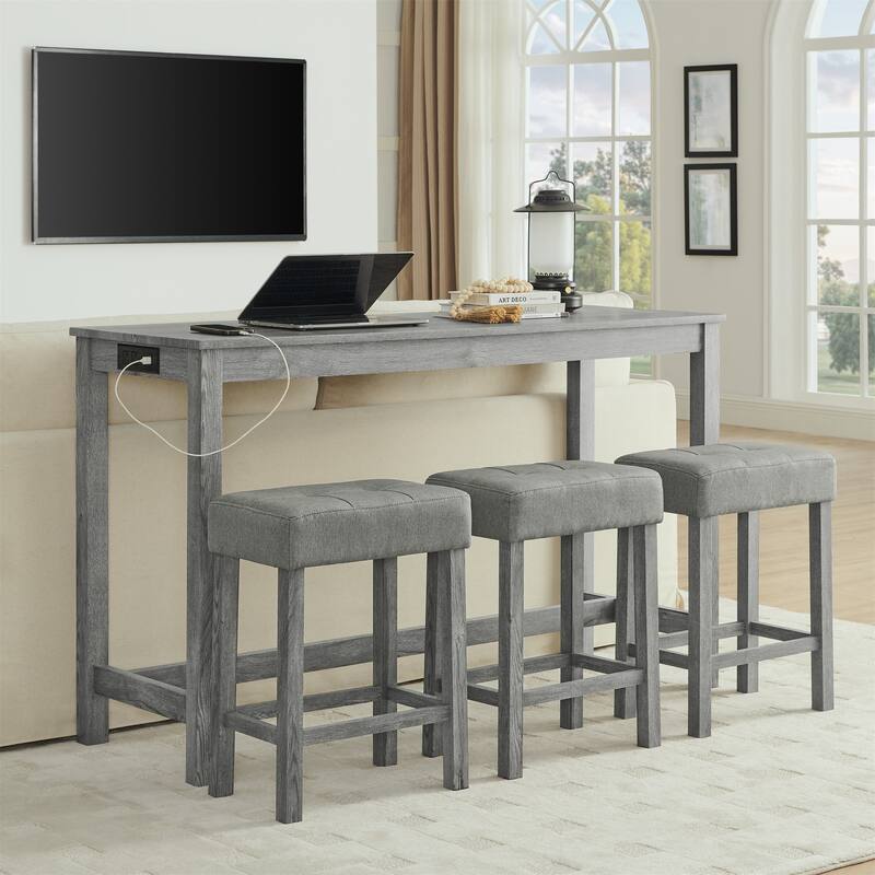 Bar Table, Dining Table, Sofa Table with Power Outlet, 3 Upholstered Stools, 4 Piece Bar Table and Chair Set