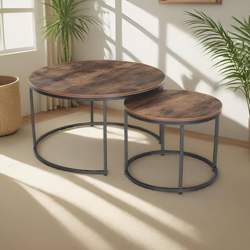 JJS Round Nesting Coffee Table Set of 2 Stacking End Tables for Living Room, Modern Cocktail & Sofa Side Tables - RusticBrown/Black