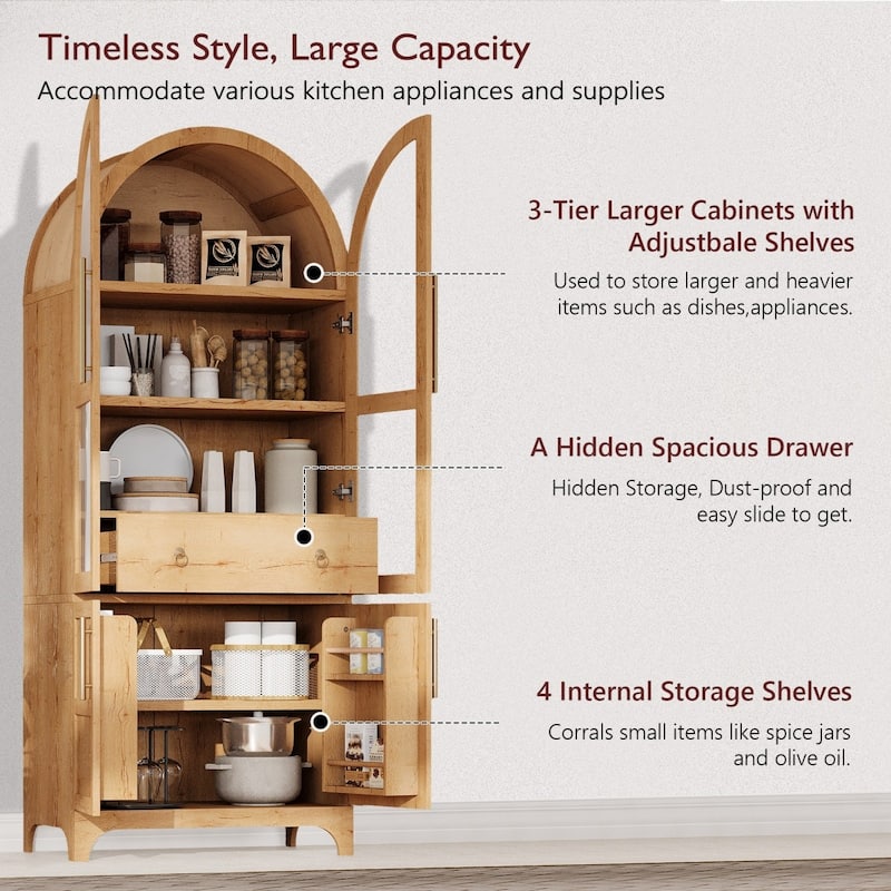 71" Tall Arched Pantry Cabinet with Shelves, Hidden Drawer and Glass Door
