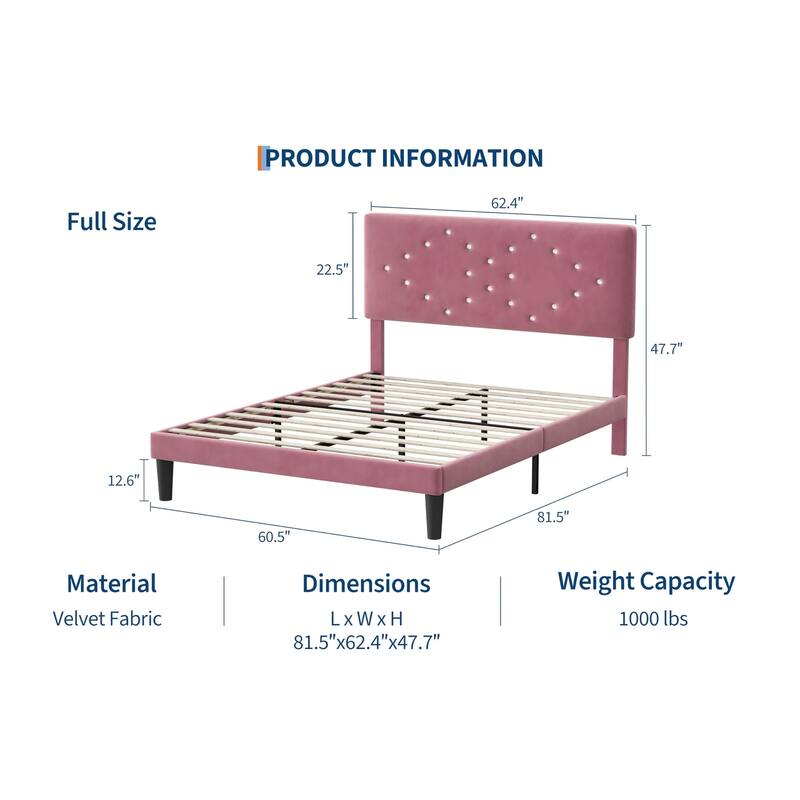 Bed Frames, Velvet Upholstered Bed Frame with Vertical Channel Tufted & Sturdy Wood Slats - Pink - Queen