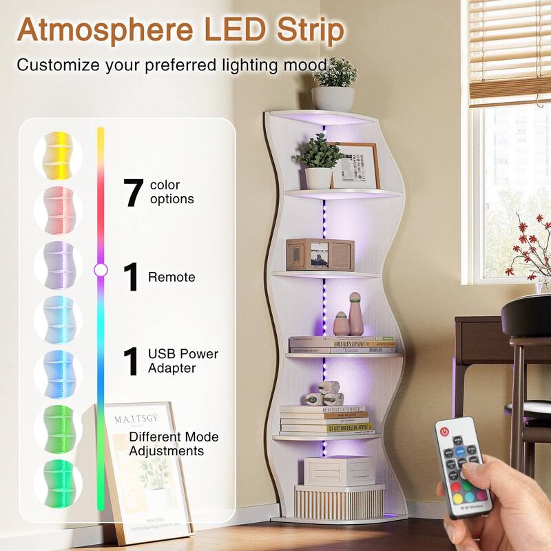 Javlergo 5-Tier Corner Bookshelf with LED Light Strip Seagrass Wave Design Tall Corner Bookcase with Lights for Living Room
