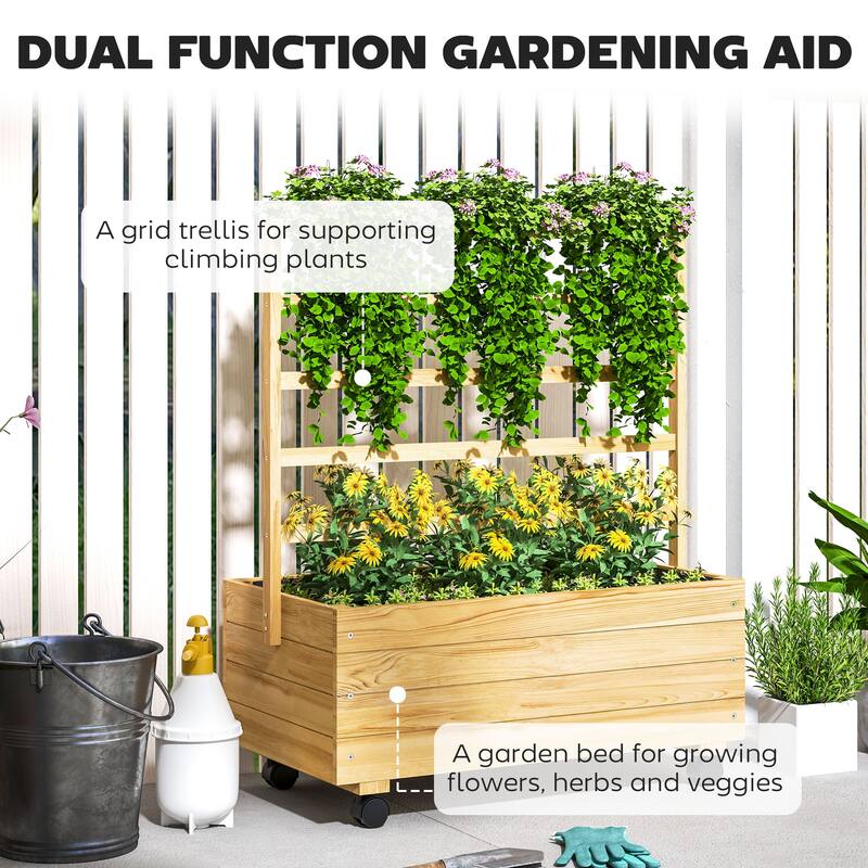 Outsunny Raised Garden Bed with Trellis and Wheels, Outdoor Wooden Elevated Planter Box, Freestanding Raised Flower Bed
